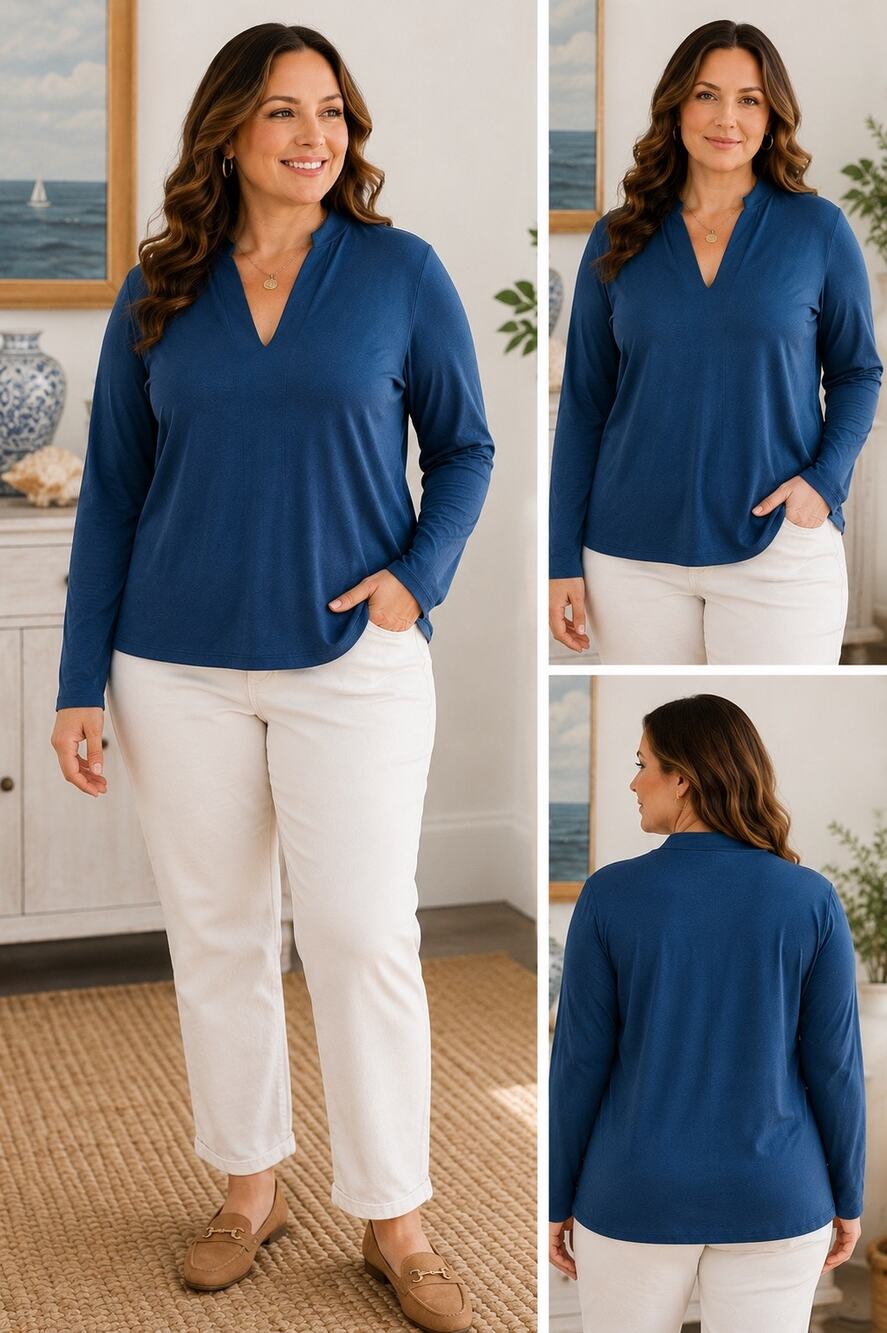 Chicos Travelers Top Women’s XL 3 Blue Long Sleeve Stretch Knit Work USA